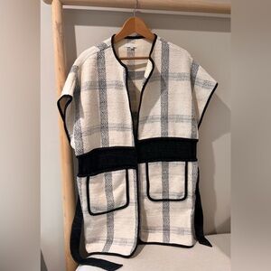 HOSS Intropia long open front tie waist jacket wool blend ivory check Spain 38 M